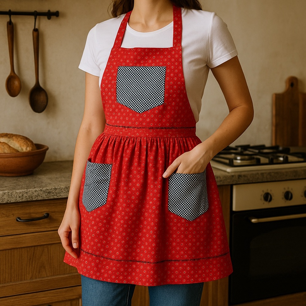 Handmade Red Cotton Gingham 3-Pocket Halter Apron Retro Kitchen‎ OS